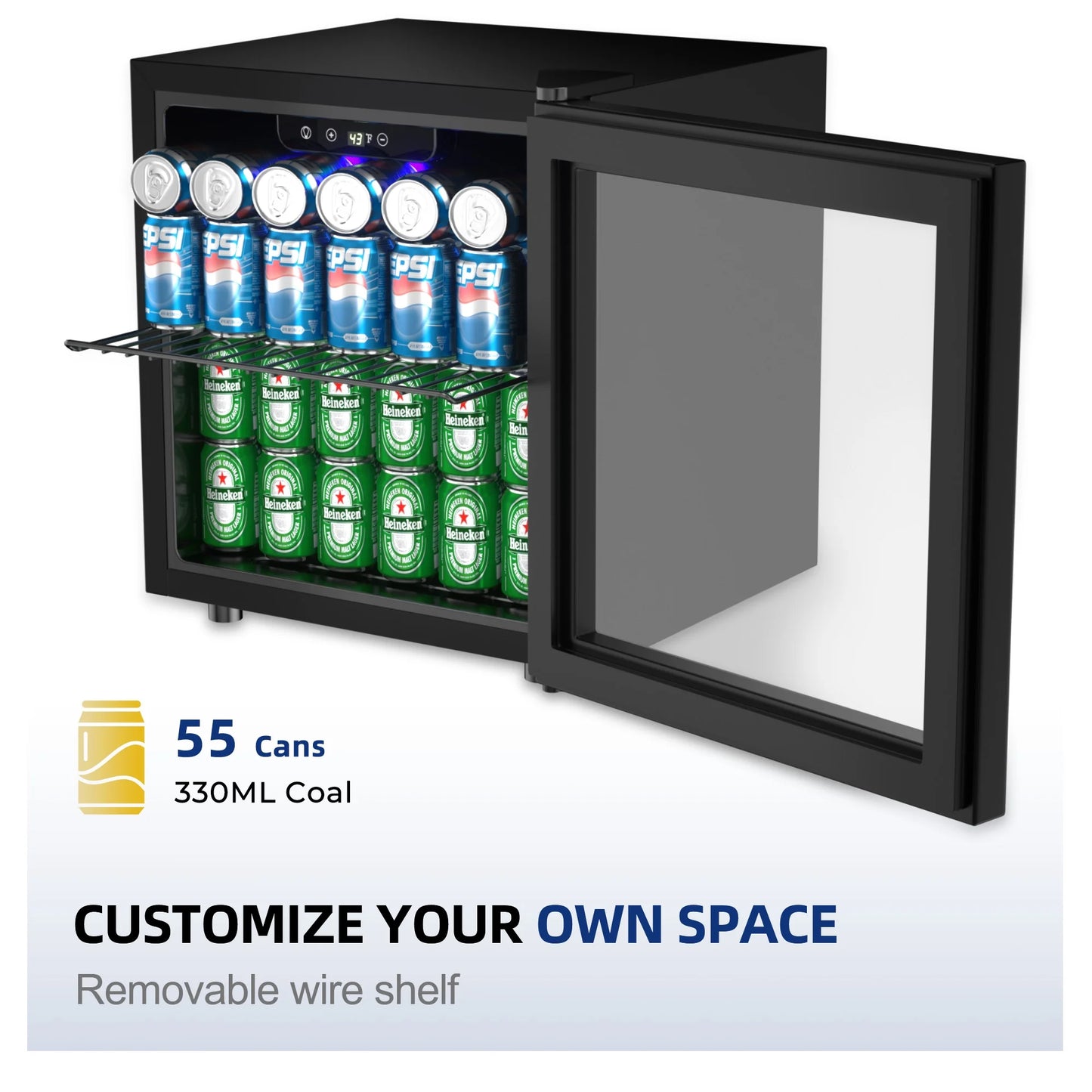 55 Cans Mini Beverage Refrigerator & Portable Beverage Cooler with Glass Door, Mini Fridge for Home/Office/Bar,Black