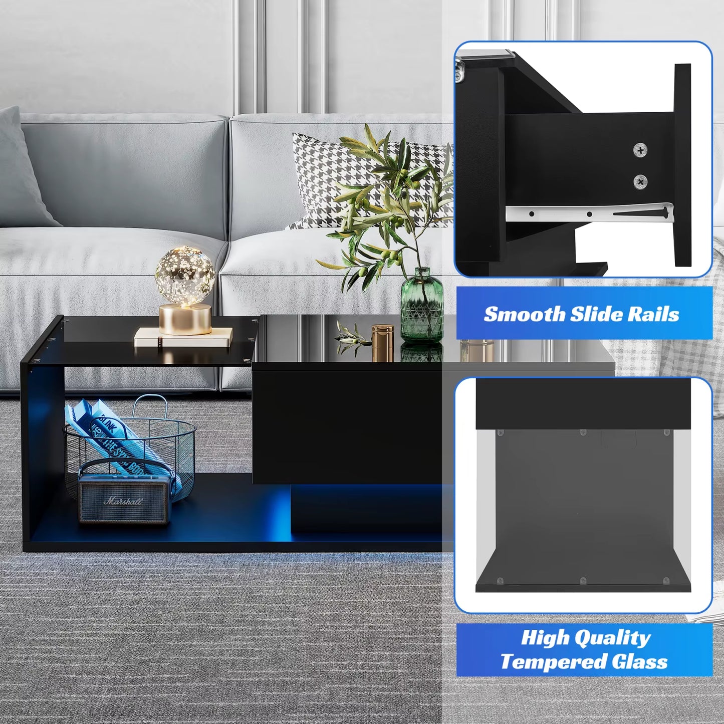 Coffee Table with LED Lighting,High-Gloss Coffee Table with Drawer 100X50X32Cm Scratch-Resistant Top,Modern Styletable