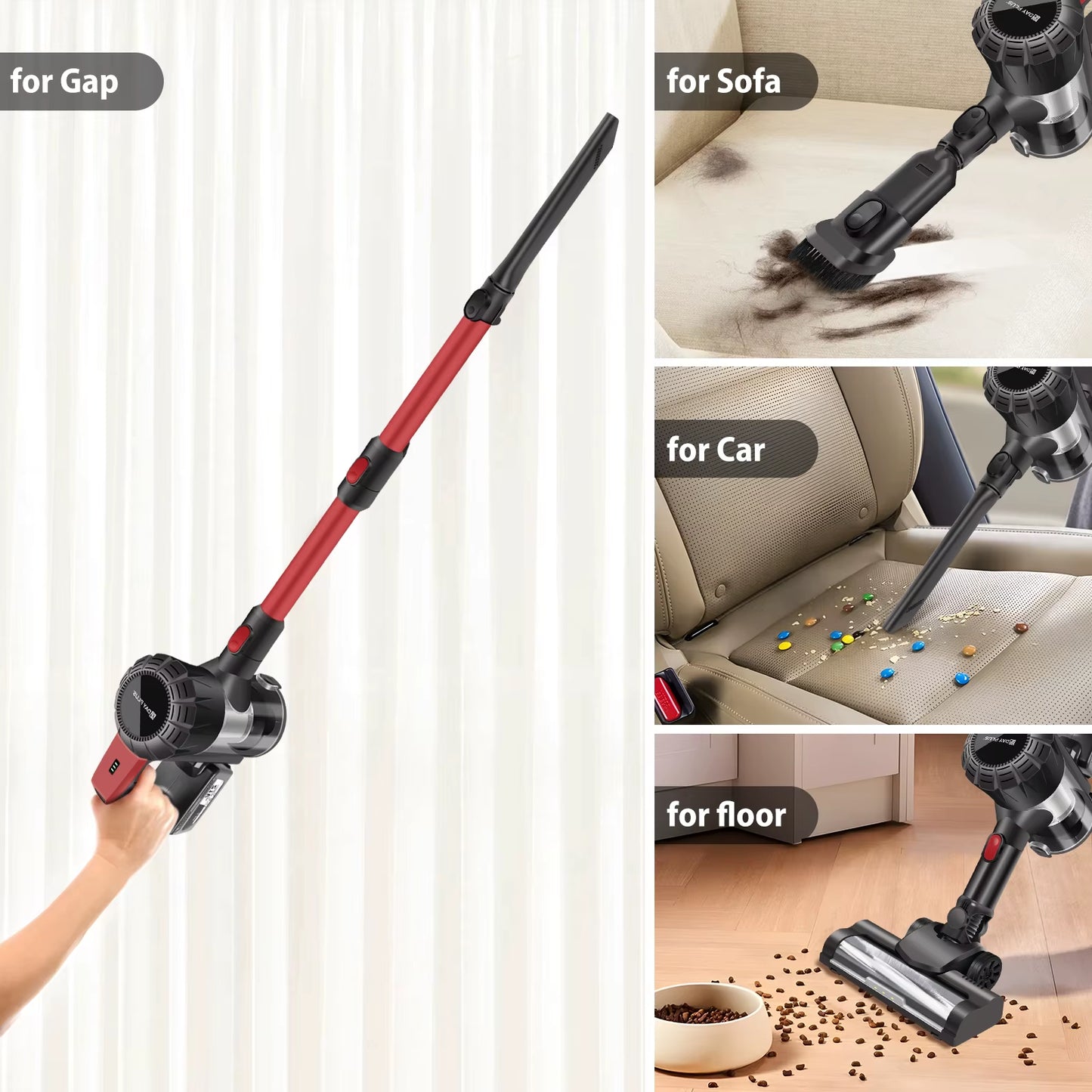 Cordless Vacuum Cleaner, 3800W Powerful Stick Cleaner 6 in 1 Rechargeable 21V for Hardwood Floor Carpet Car Pet Hair,Red