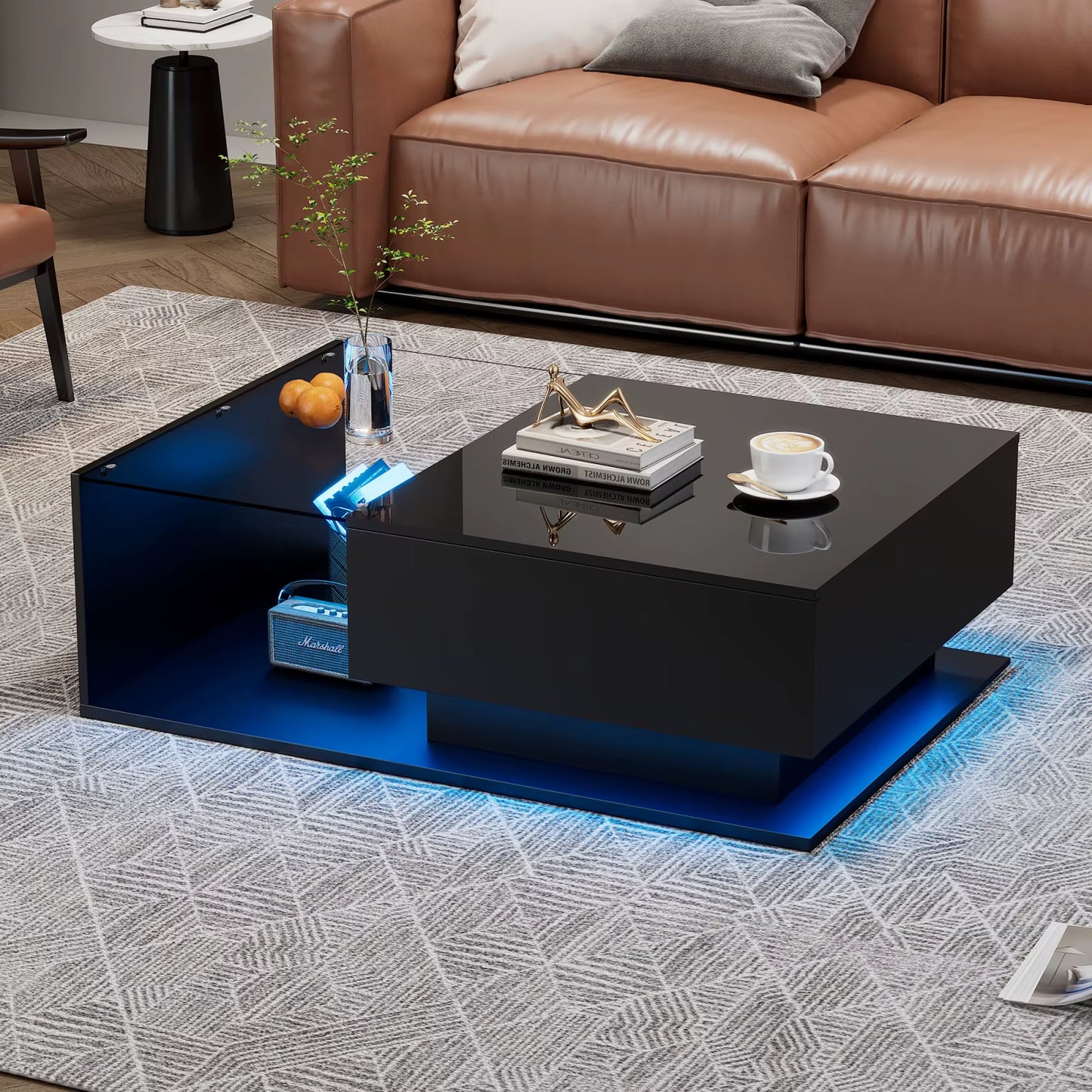 Coffee Table with LED Lighting,High-Gloss Coffee Table with Drawer 100X50X32Cm Scratch-Resistant Top,Modern Styletable