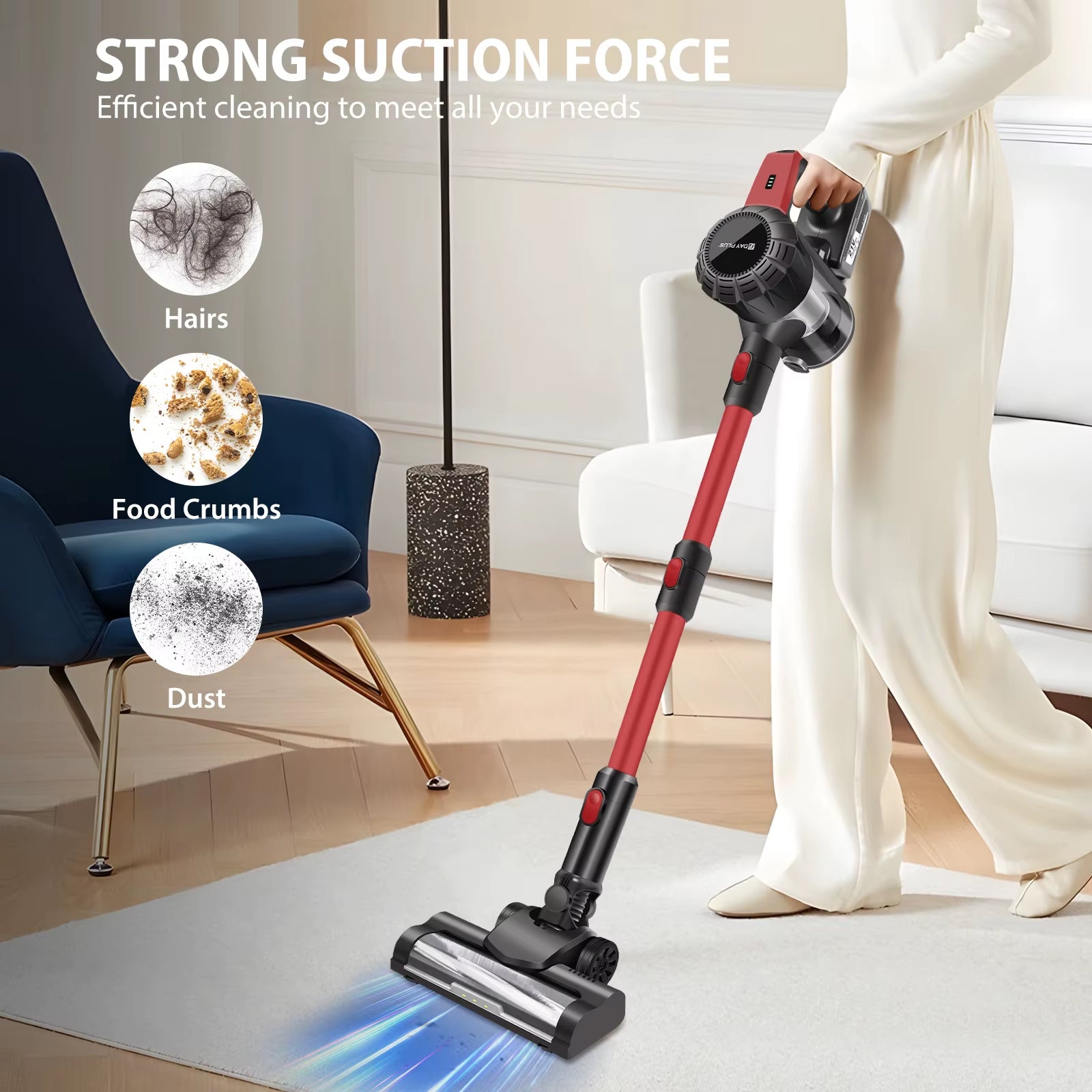 Cordless Vacuum Cleaner, 3800W Powerful Stick Cleaner 6 in 1 Rechargeable 21V for Hardwood Floor Carpet Car Pet Hair,Red