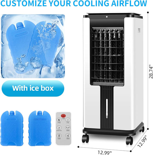 Portable Air Conditioner, Electric Air Cooler with 3 Wind Speeds, Remote Control, Built-In 12 H Timer Tower Fan