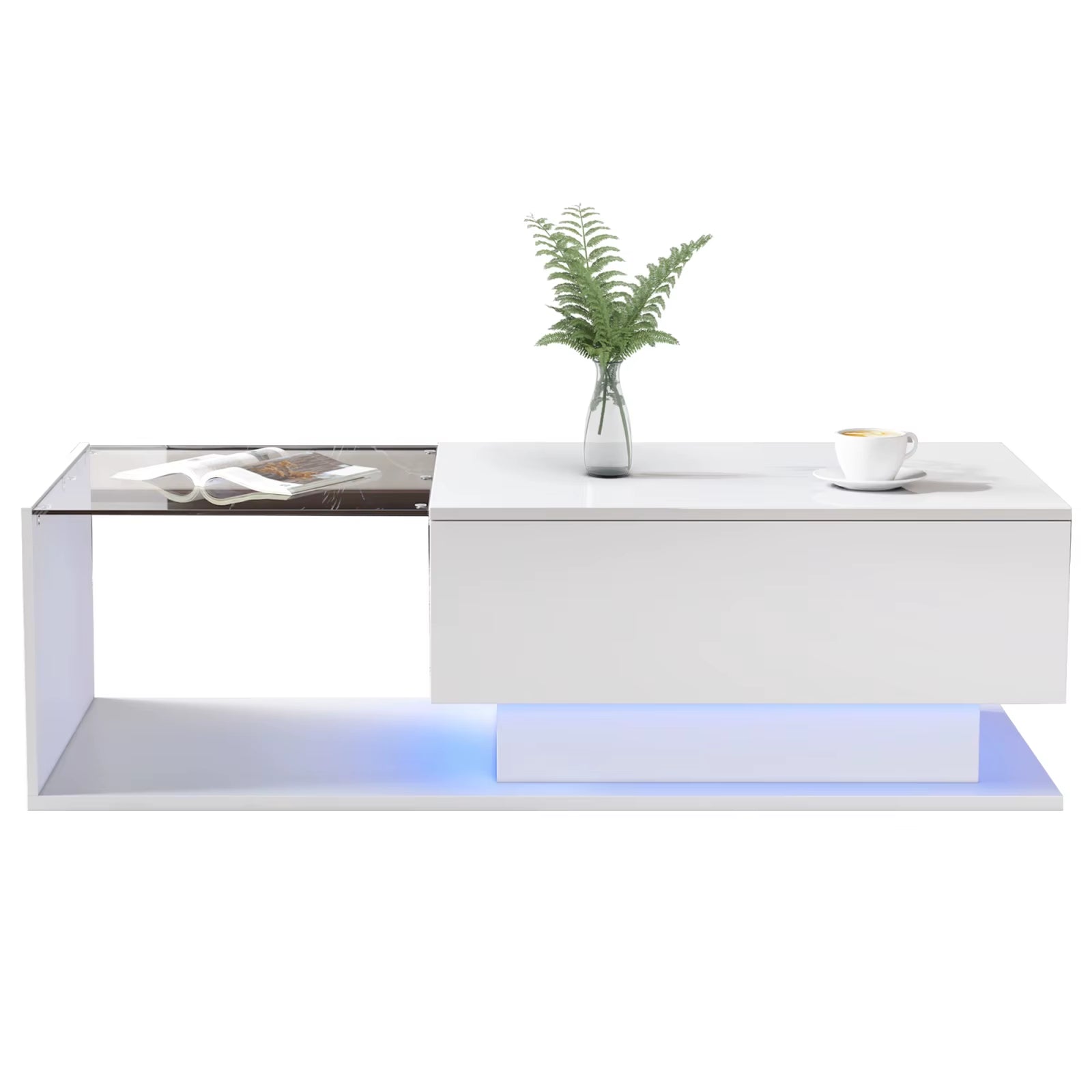 Coffee Table with LED Lighting,High-Gloss Coffee Table with Drawer 100X50X32Cm Scratch-Resistant Top,Modern Styletable
