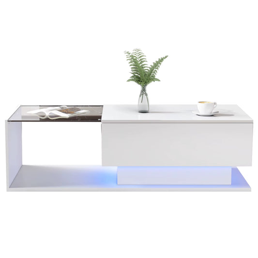 Coffee Table with LED Lighting,High-Gloss Coffee Table with Drawer 100X50X32Cm Scratch-Resistant Top,Modern Styletable