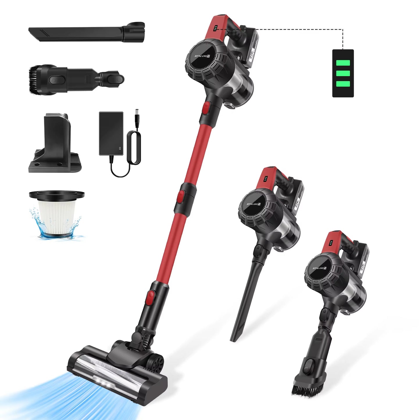 Cordless Vacuum Cleaner, 3800W Powerful Stick Cleaner 6 in 1 Rechargeable 21V for Hardwood Floor Carpet Car Pet Hair,Red