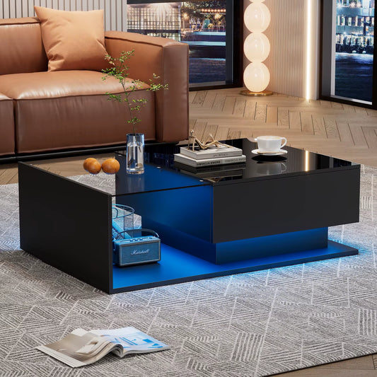 Coffee Table with LED Lighting,High-Gloss Coffee Table with Drawer 100X50X32Cm Scratch-Resistant Top,Modern Styletable