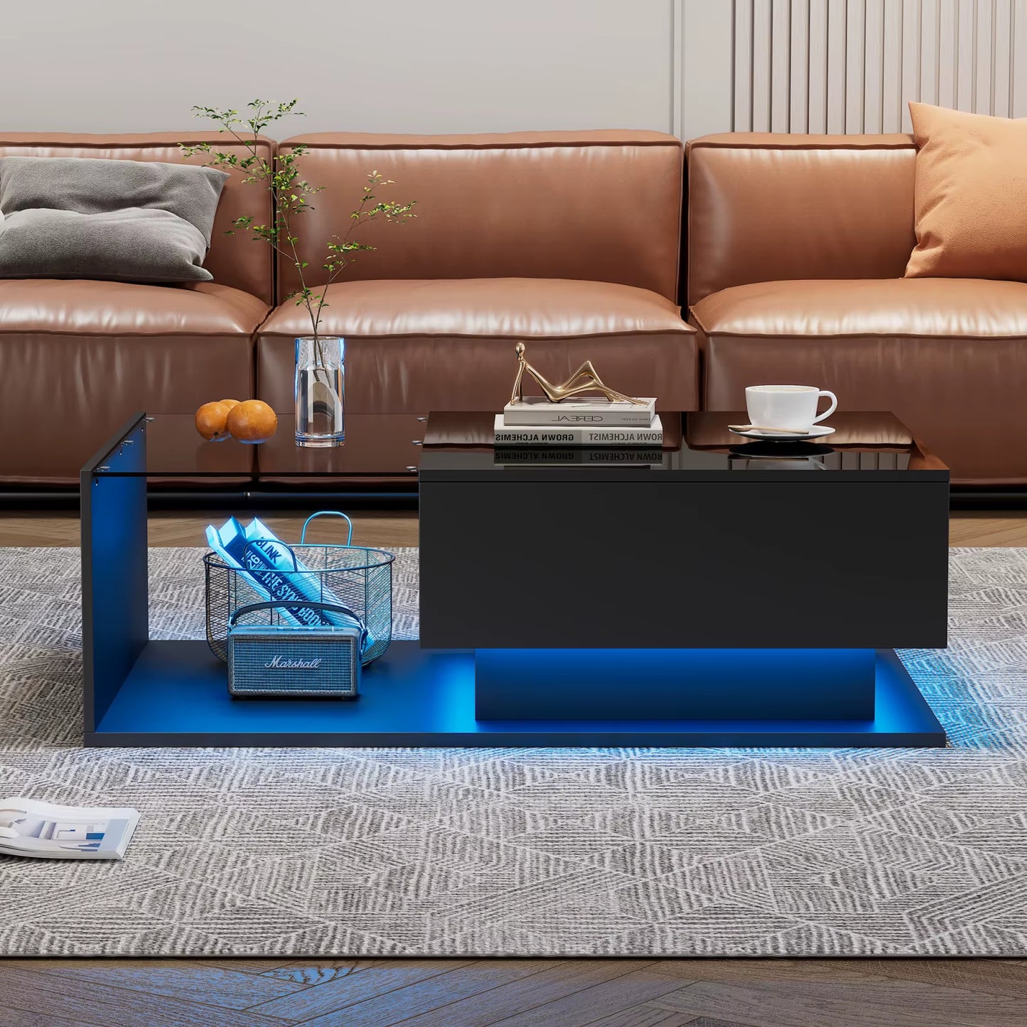 Coffee Table with LED Lighting,High-Gloss Coffee Table with Drawer 100X50X32Cm Scratch-Resistant Top,Modern Styletable
