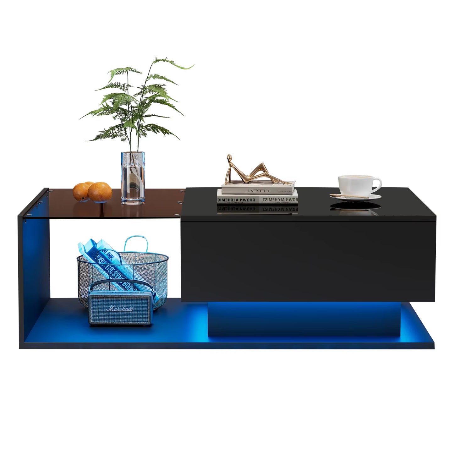Coffee Table with LED Lighting,High-Gloss Coffee Table with Drawer 100X50X32Cm Scratch-Resistant Top,Modern Styletable