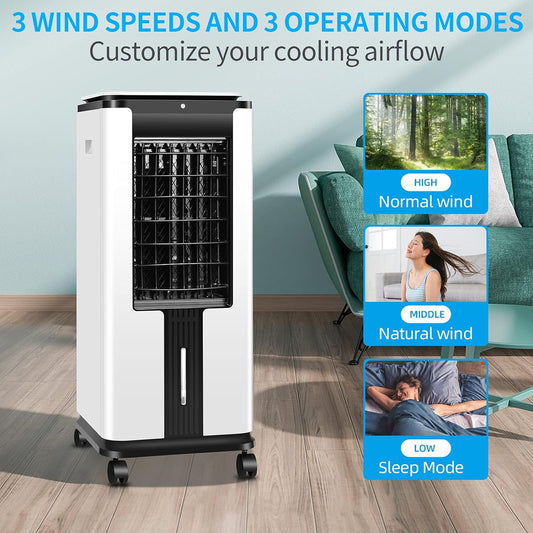 Portable Air Conditioner, Electric Air Cooler with 3 Wind Speeds, Remote Control, Built-In 12 H Timer Tower Fan